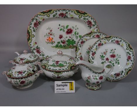 A collection of 19th century Macao pattern dinnerwares, comprising a pair of tureens and covers, pair of sauce tureens, cover