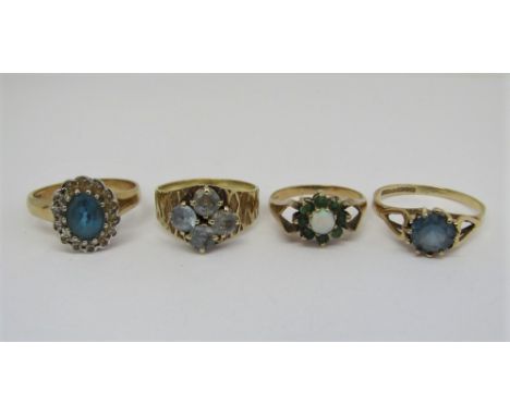 Four 9ct gem set dress rings, to include a chrysoprase and opal cluster and a vintage blue stone example, etc, sizes K - P/Q,