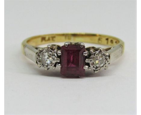 18ct ruby and diamond three stone ring, size G/H, 2g