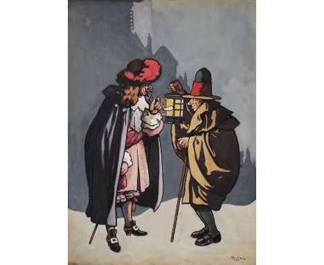 Frederick George Lewin (1861-1933) Study of a night watchman and a pipe smoking gentleman in 17th century style costume, goua