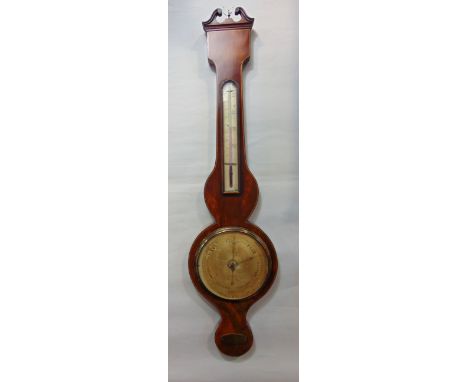 J King of Bristol flame mahogany barometer thermometer, with silvered dials, boxwood inlay, 96 cm high