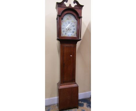 Early 19th century oak longcase clock, the hood with reeded columns and swan necked pediment enclosing broken arch painted di
