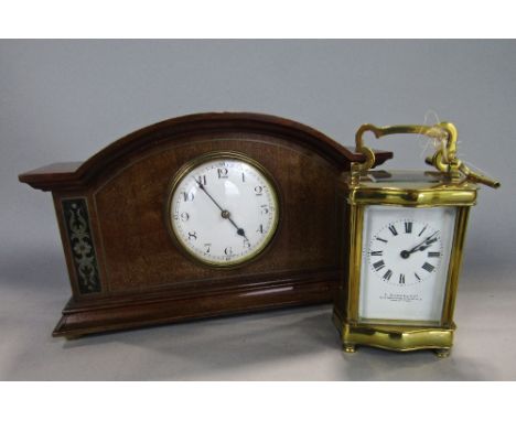 Edwardian walnut cased mantle clock with convex dial and boulle work inlay, wind-up movement, 17 cm high, together with a fur