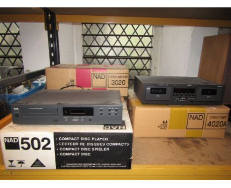 NAD separates hifi equipment, housed within the original packaging, comprising NAD 502 compact disc player, stereo amplifier 