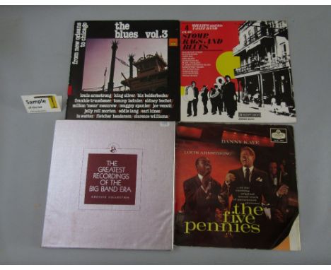Two boxes containing a collection of miscellaneous jazz vinyl LPs and CDs together with a late 1940s early 1950s autograph bo
