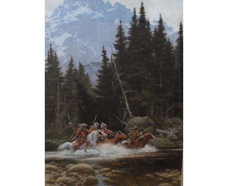 Frank C McCarthy (20th century) - Signed coloured limited edition print of Native American Warriors crossing a river on horse