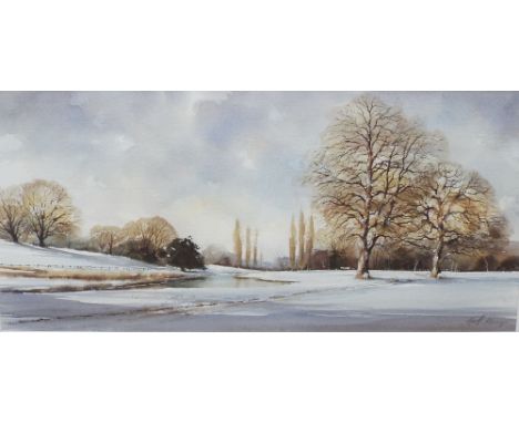 Geoff Keney (20th/21st century British) - Winter river landscape, watercolour and bodycolour on paper, signed, 28.5 x 60.5cm 