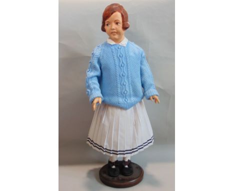 Vintage papier mache standing girl doll, imperial dress upon a wooden plinth, possibly for advertising or shop display, 103cm