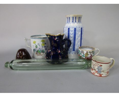 A 19th century blue ground Masons ironstone jug of octagonal form with enamelled and gilt floral sprig detail,  a loving cup 