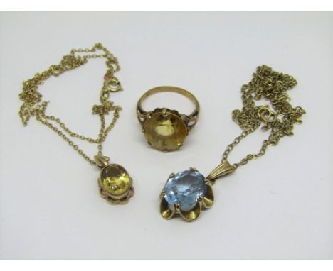 Group of 9ct gem set jewellery comprising a citrine pendant necklace, citrine dress ring, size J/K, and a blue spinel pendant