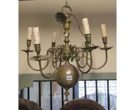 A heavy brass Dutch style six branch hanging ceiling light, with knopped and bulbous stem