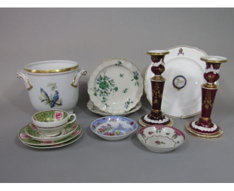 A collection of early 19th century and later ceramics including a pair of dark red and gilt candlesticks understood to be Cha
