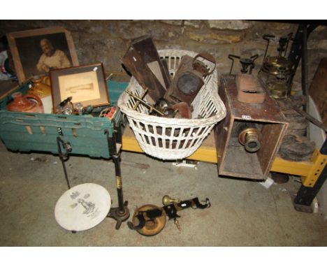 A collection of interesting items to include various vintage carbide and other lamps, small antique oak panels, magic lantern