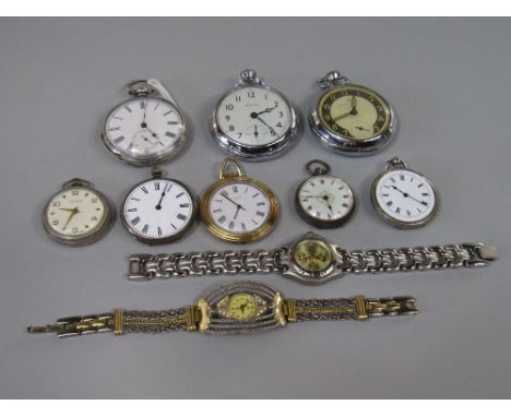 A tub containing a collection of silver and other pocket watches together with two vintage wristwatches (a collection)