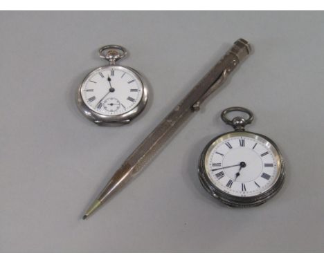 Two silver fob watches both with enamel dials, one with subsidiary second dial together with a further silver yard-o-lead pen