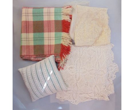 Vintage woolen blanket in herringbone weave together with a fine lace veil, 2.9m long, a cotton crochet bed throw, 2.5 x 2m a