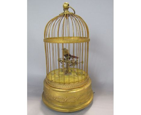French type gilt bird in cage automaton with winding movement, 30 cm high, currently working