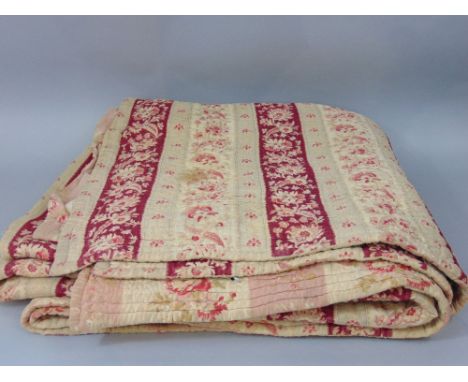 Vintage quilt 230 x 215cm with striped floral pattern with contrasting cotton lining, quilting has been handmade in running s