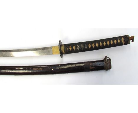 A 1940's Japanese military Katana, the cloth wrapped (tsuka ito) grip (tsuka) with sword decorations (menuki), bronze guard (