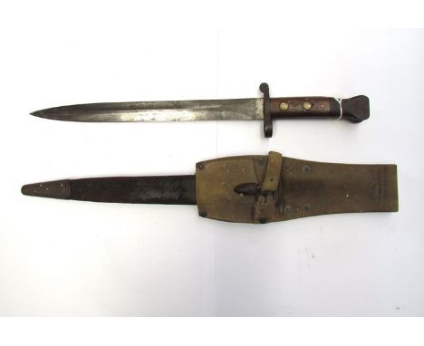 A Victorian 1888 pattern MK I second type bayonet with Enfield lock, leather and steel scabbard and buff leather frog 