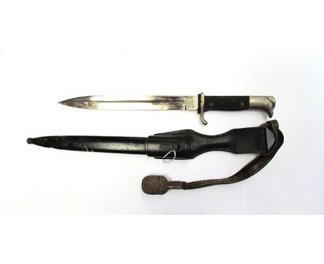 A Third Reich era German Police dress dagger by E. Pack and Sohne, black painted steel scabbard, black leather frog and porte