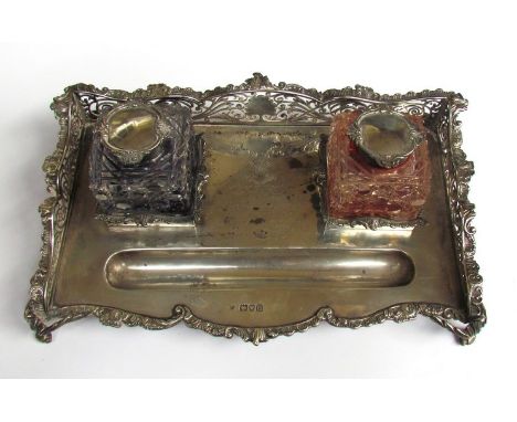 A George Jackson & David Fullerton (Josiah Williams & Co) silver desk ink and pen stand, the pierced foliate scrolled three q