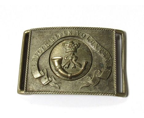 A Norfolk Rifle volunteers waist belt clasp of rectangular form, the ornate scroll lettering surrounding a central Victorian 