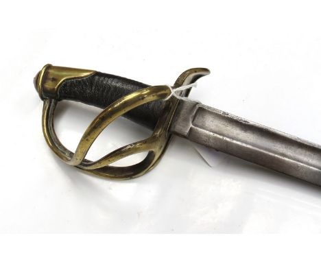 An 1822 pattern French heavy cavalry officer's sword, "The Bancal' with three-bar brass hilt, leather bound grip and slighty 