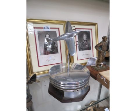 An alloy model of a Hawker Hurricane mounted onto a piston plinth base, thought to be from a Rolls Royce Merlin engine 