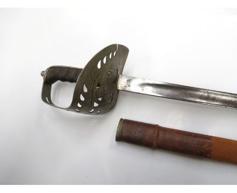 An 1895 pattern officer's sword with shagreen grip, pierced hilt with George V crown, the blade stamped "Proved" with faded e