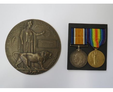 A WWI pair of medals and memorial plaque/death penny to 26813 PTE.F. NEWSTEAD NORF. R. (1st Bn.) who died on 04/08/1917