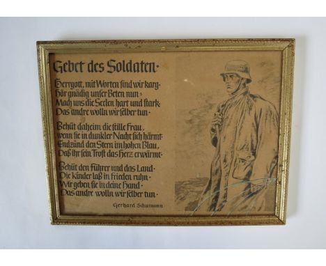A Third Reich era German army "Gebet Des Soldaten" (Prayer of the Soldier) on sepia paper, double-sided, framed and glazed