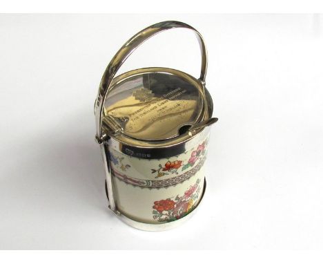 A silver and china preserve pot in the Spode Chinese Rose pattern, the lid with presentation to "The Officers The Highland Li