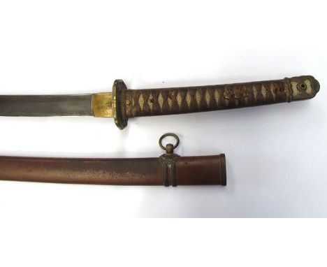 A WWII Japanese katana, the rayskin grip encased in cloth with brass pommel and tsuba with foliate decoration, the tang unmar