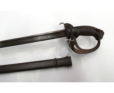 An 1889 pattern Prussian cavalry trooper's sword with angled ribbed composite pistol grip, steel guard bearing Prussian Eagle