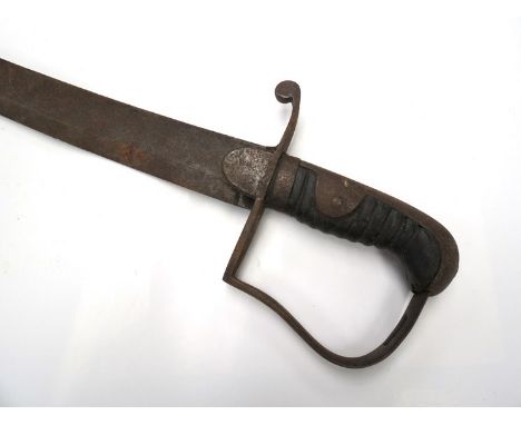 A 1796 pattern light cavalry sabre, with stirrup-form hilt joining a single fuller blade swelling to a point, corroded blade 