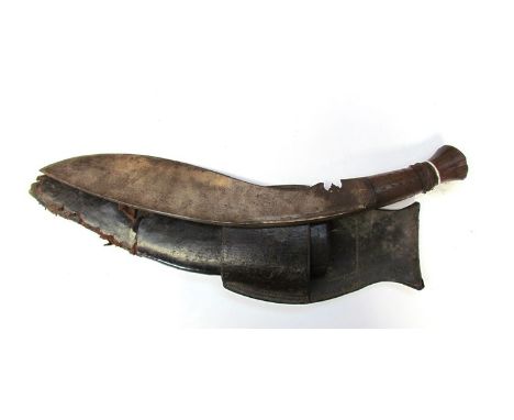 A WWI Mk.I Gurkha kukri with stamped lettering to hardwood grip 'A.S.F.W. 2.15' black leather scabbard and frog (scabbard spl