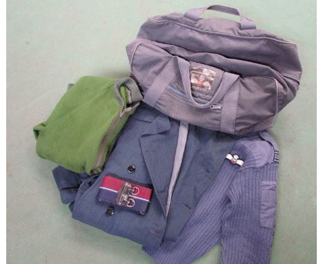 An  RAF aircrew holdall with Squadon Leader ranked trench coat and pullover, stable belt etc 