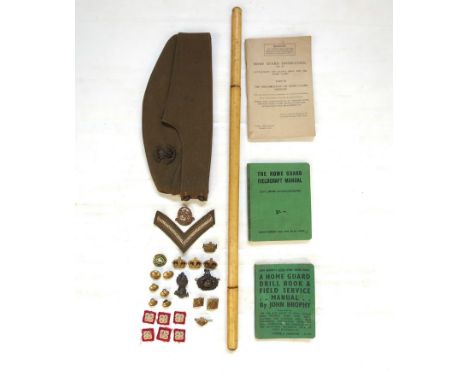 HOMEGUARD INTEREST: A WWII Somerset Light Infantry side cap with bamboo baton and three booklets previously belonging to Bath