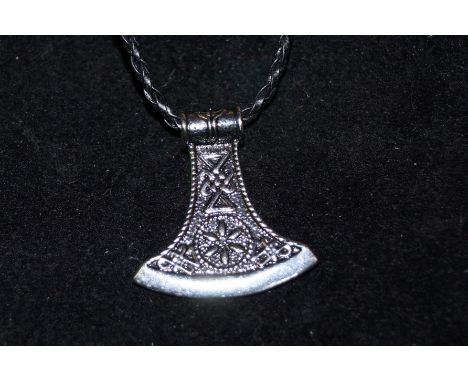 White metal Celtic style axe head pendant on a leather rope chain
