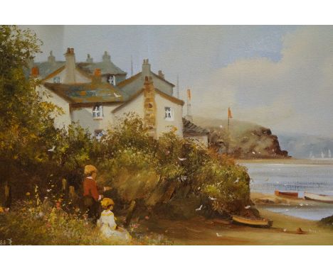 Oil on canvas beach &amp; cottage scene with children playing signed Les Parson. 29cm x 39cm without frame 