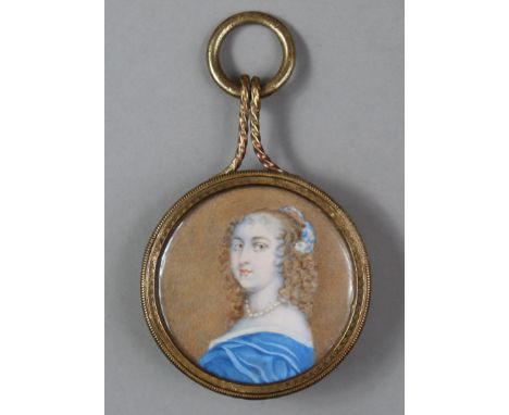 ENGLISH SCHOOL, 18th century. A portrait miniature of a lady, wearing string of pearls &amp; blue dress, her hair in ringlets