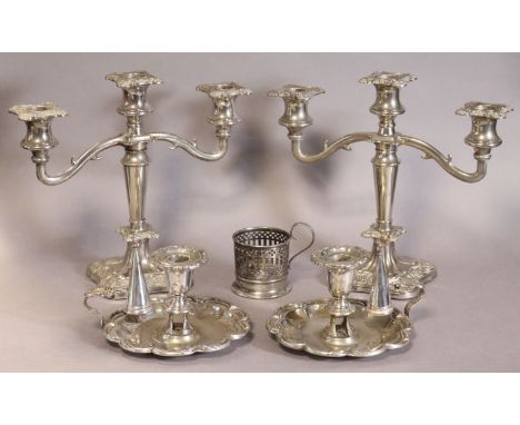 A pair of 19th century silver-plated chamber candlesticks on round lobed bases &amp; each with snuffer cone; a pair of modern