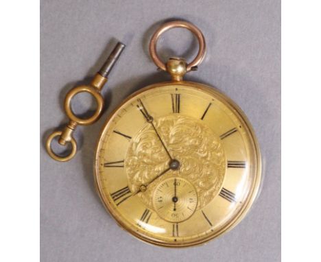 An 18K open-face gent’s pocket watch with engine-turned &amp; floral engraved dial, black roman numerals &amp; subsidiary sec