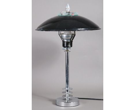 An Art Deco table lamp with black enamel domed circular shade, dimmable mechanism, on chrome column &amp; circular base, 54cm