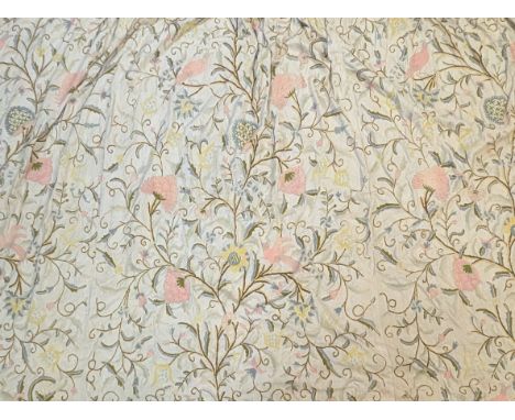 A pair of crewel-work curtains, 20th century, embroidered with all-over motif of scrolling flowers in multicoloured threads o