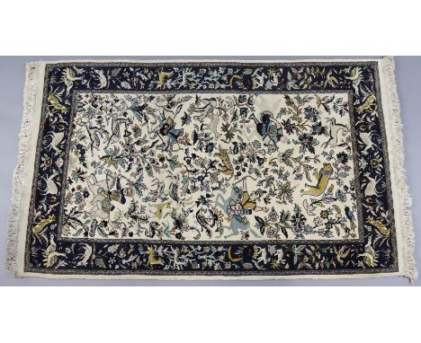 A vintage part-silk Persian rug depicting Omar Khayyam, inscribed with verse, 110 x63cm; and a vintage Kashan hunting rug, 16