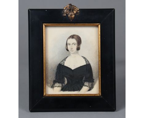 ENGLISH SCHOOL, mid-19th century. A portrait miniature of a lady in monochrome, wearing lace-trimmed black dress, 9cm x 7cm, 