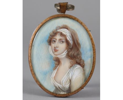 ANDREW PLIMER (1763-1837), attributed to. A portrait miniature of a young lady, wearing white dress &amp; hair band, 8.3cm x 