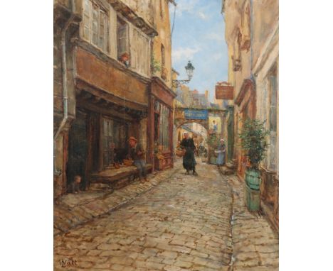 LINNIE WATT (British, fl. 1880-1907) A street scene at Dinan, with children attempting to hook a basket from a gentleman to t